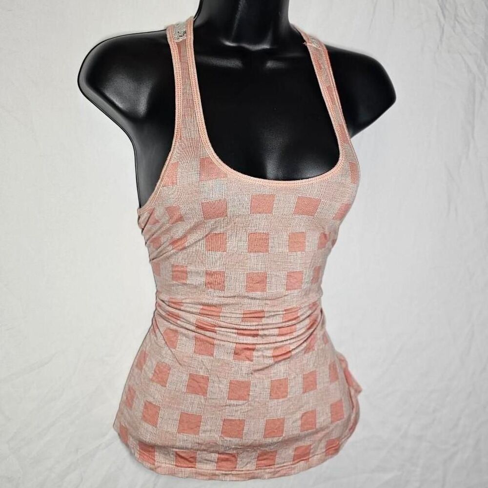gingham patchwork style peach tea color racerback tank top